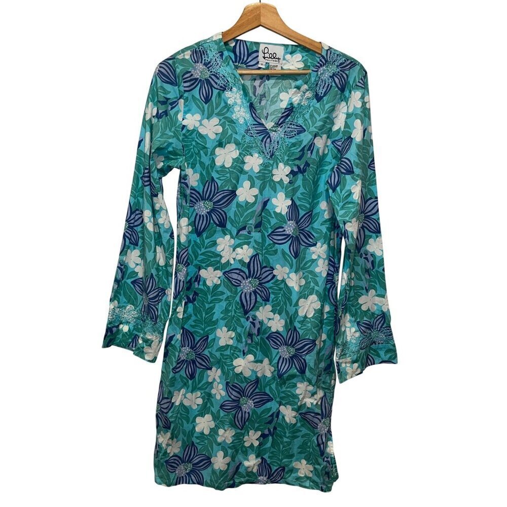 Vintage Lilly Pulitzer Print Midi Dress Embroidered Accents Long Sleeves Size S